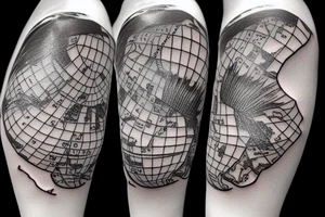 Need 3d tattoo. Top watch after midle feather pen and ink bottle with signature. Below 2 dice. Background need map. tattoo idea