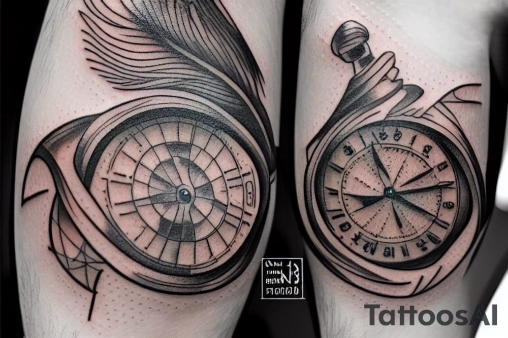 Need 3d tattoo. Top watch after midle feather pen and ink bottle with signature. Below 2 dice. Background need map. tattoo idea