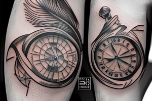 Need 3d tattoo. Top watch after midle feather pen and ink bottle with signature. Below 2 dice. Background need map. tattoo idea