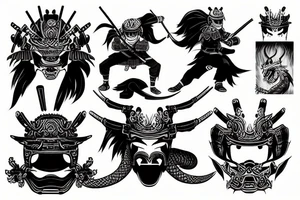 strong samurai in a helmet fighting with dragon tattoo idea