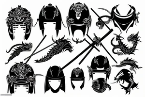 strong samurai in a helmet fighting with dragon tattoo idea