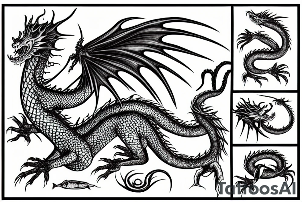 underwater dragon with a long tail, fins and wings tattoo idea