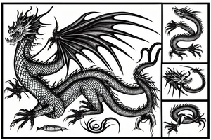 underwater dragon with a long tail, fins and wings tattoo idea