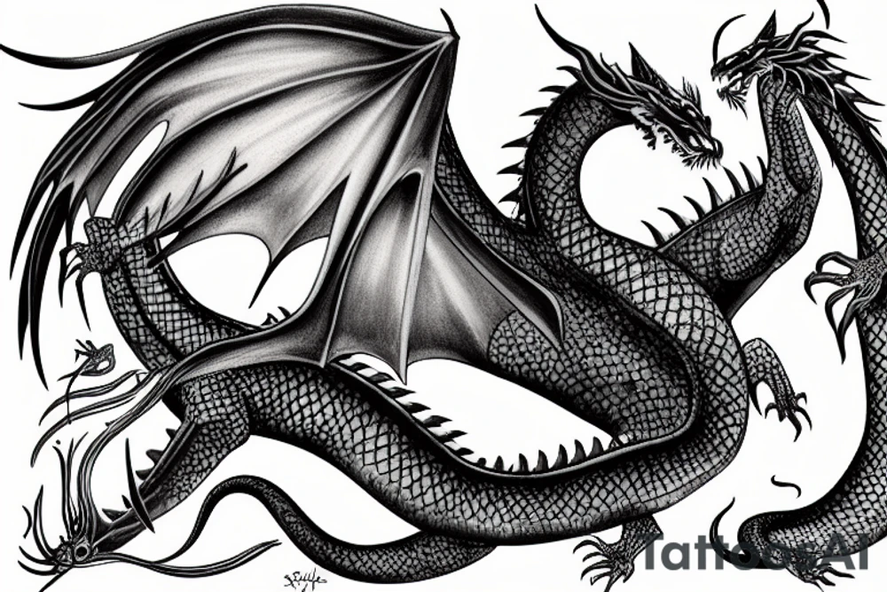 underwater dragon with a long tail, fins and wings tattoo idea
