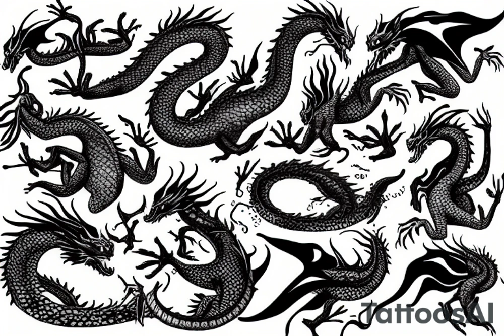 underwater dragon with a long tail, fins and wings tattoo idea