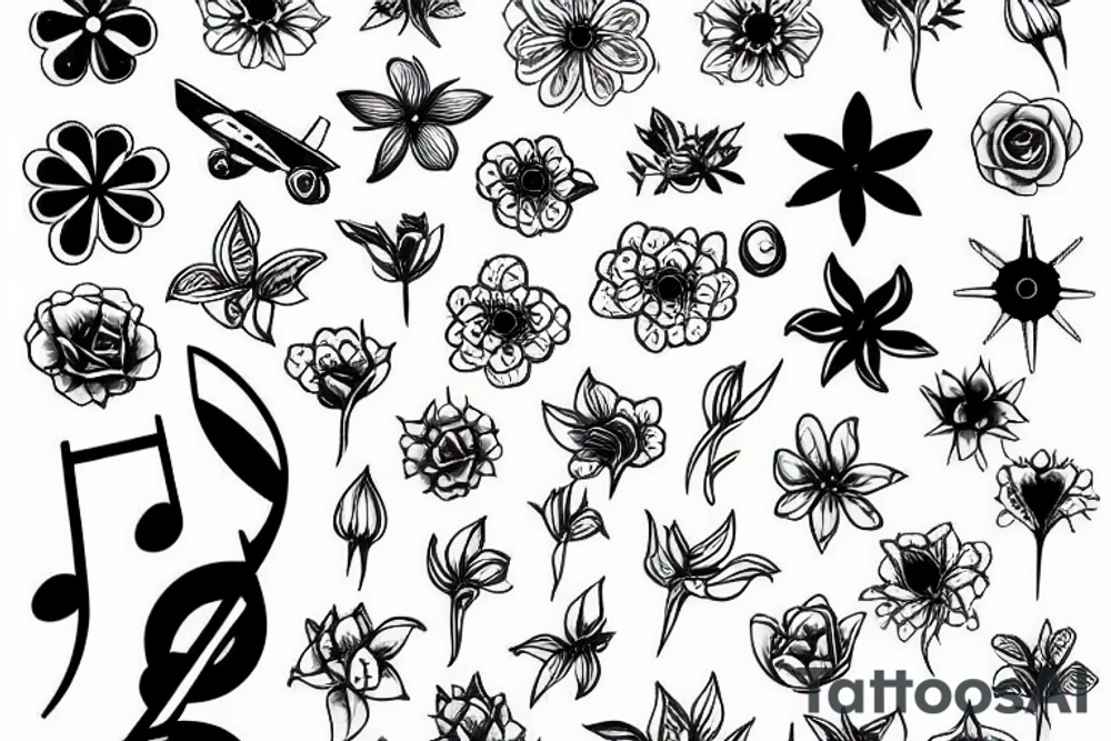 plane flowers music paint tattoo idea