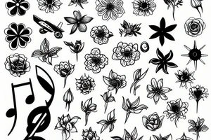 plane flowers music paint tattoo idea
