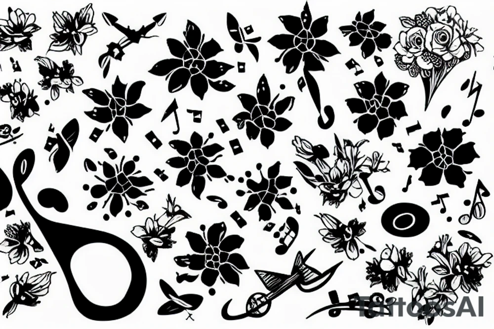 plane flowers music paint tattoo idea