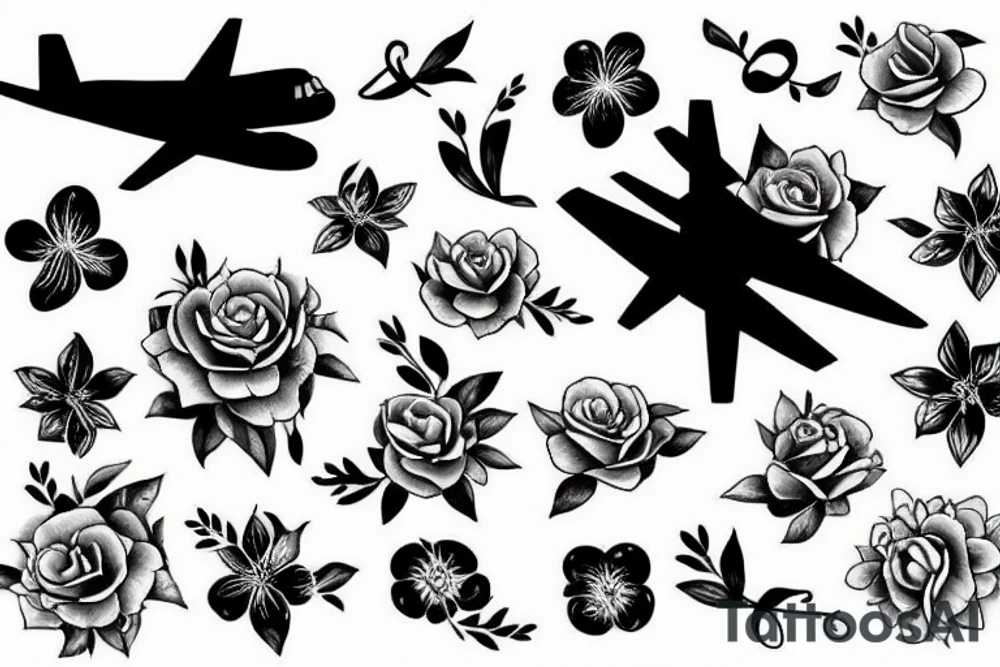 plane flowers music paint tattoo idea