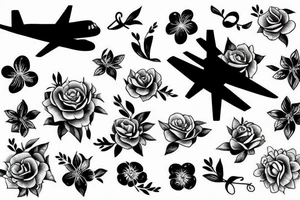 plane flowers music paint tattoo idea