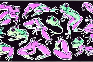 Neotraditional Vaporwave Frog with Sword tattoo idea