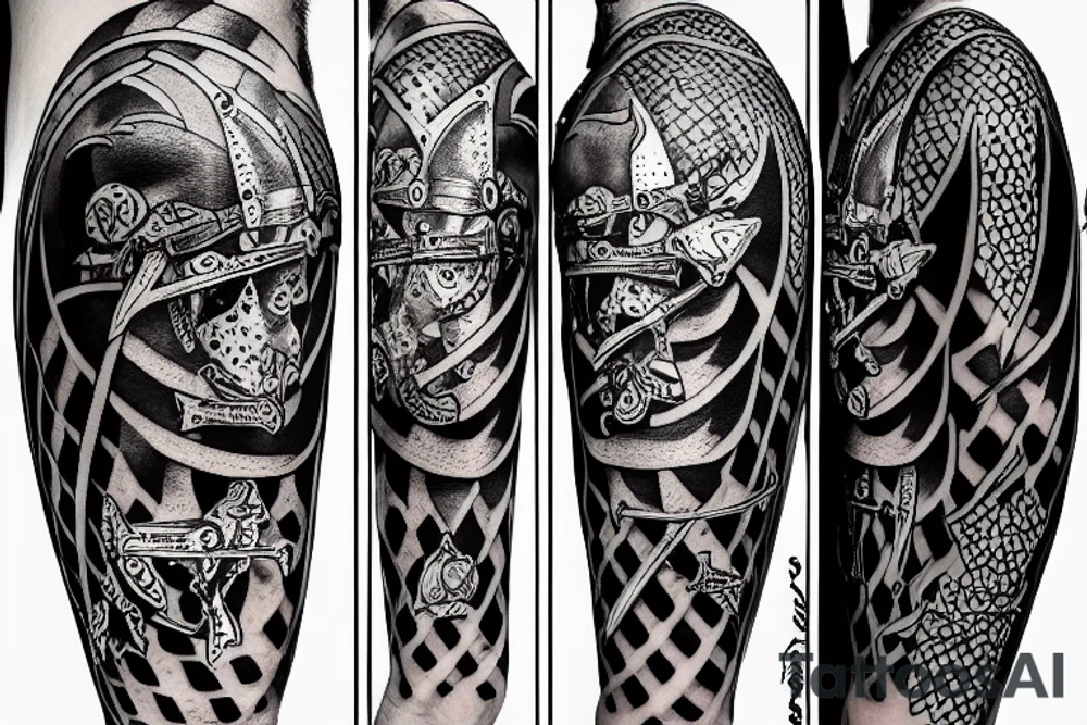 Knight with sword on battle horshe tattoo idea