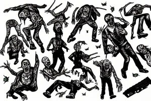 Zombies climb the mountain and sportsmen throw them off and shoot from a helicopter tattoo idea