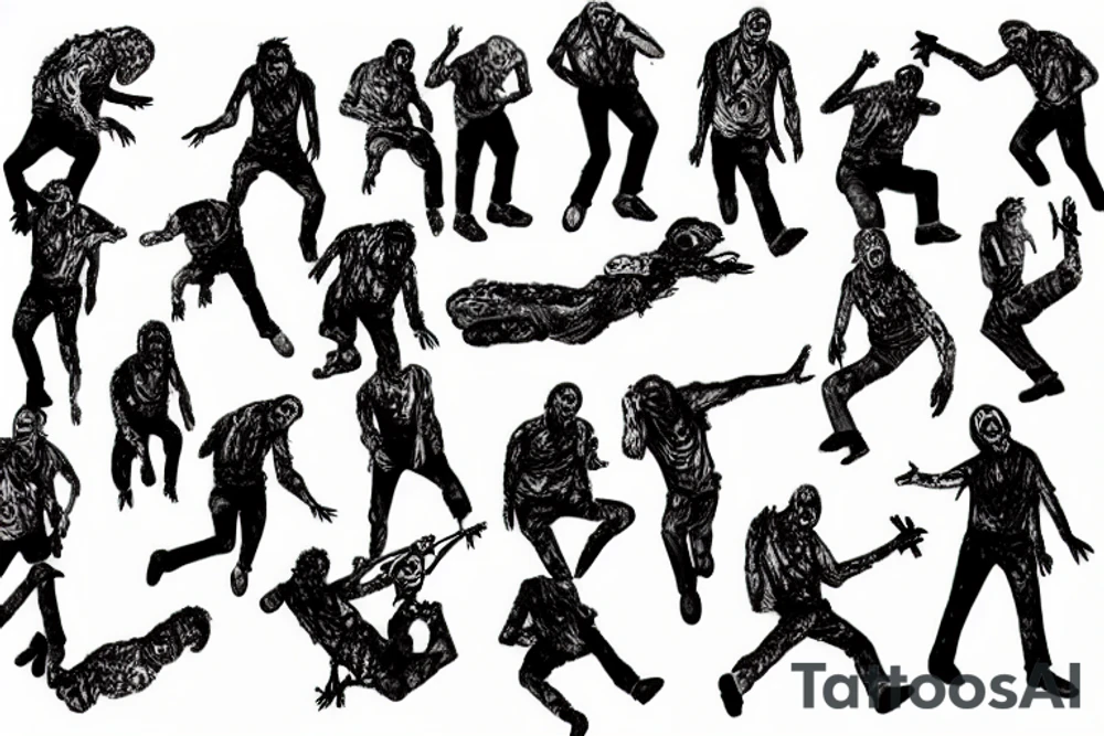 Zombies climb the mountain and sportsmen throw them off and shoot from a helicopter tattoo idea