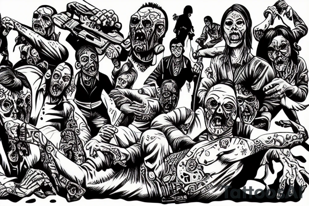 Zombies climb the mountain and sportsmen throw them off and shoot from a helicopter tattoo idea