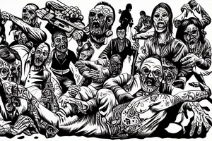 Zombies climb the mountain and sportsmen throw them off and shoot from a helicopter tattoo idea