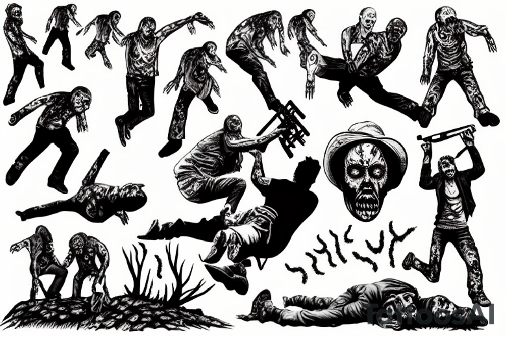 Zombies climb the mountain and sportsmen throw them off and shoot from a helicopter tattoo idea