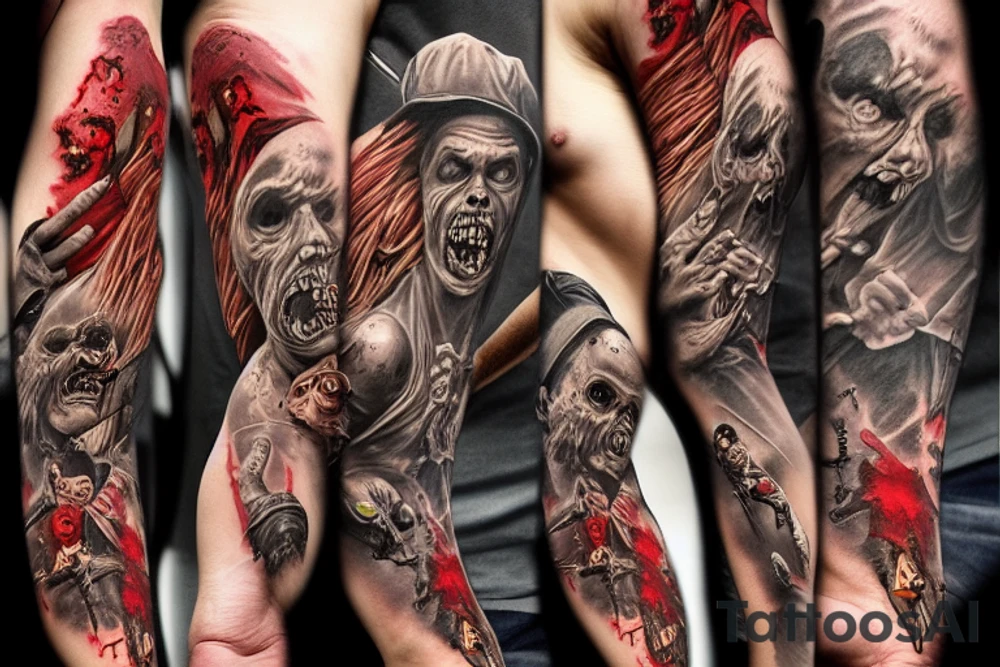 Zombies climb the mountain and sportsmen throw them off and shoot from a helicopter tattoo idea