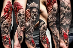Zombies climb the mountain and sportsmen throw them off and shoot from a helicopter tattoo idea