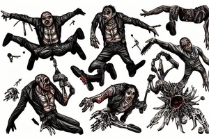 Zombies climb the mountain and sportsmen throw them off and shoot from a helicopter tattoo idea