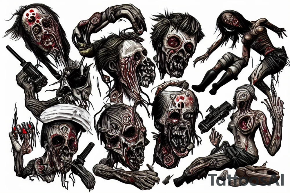 Zombies climb the mountain and sportsmen throw them off and shoot from a helicopter tattoo idea