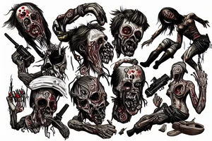 Zombies climb the mountain and sportsmen throw them off and shoot from a helicopter tattoo idea