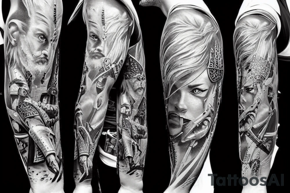 full arm tattoo with warriors, Cossacks and battles tattoo idea