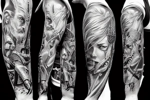 full arm tattoo with warriors, Cossacks and battles tattoo idea