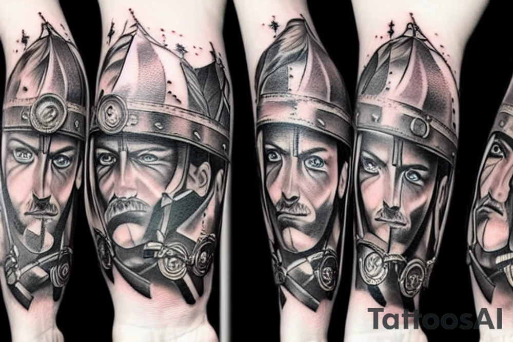full arm tattoo with warriors, Cossacks and battles tattoo idea