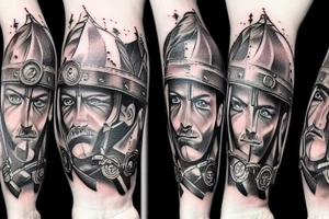 full arm tattoo with warriors, Cossacks and battles tattoo idea