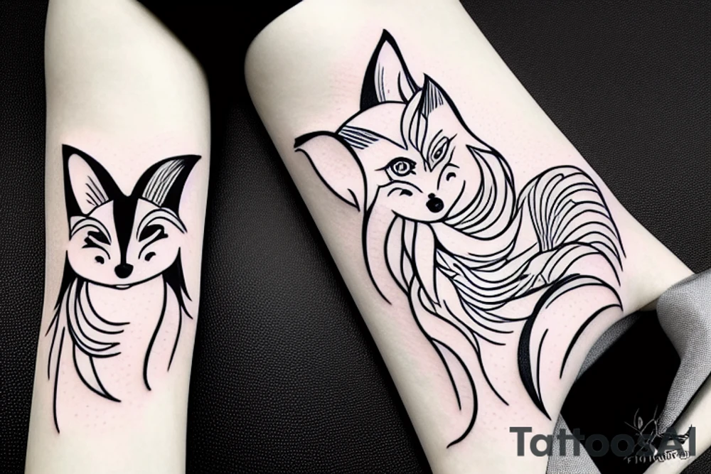 nine tail fox cute fierce fineline kurama tattoo idea