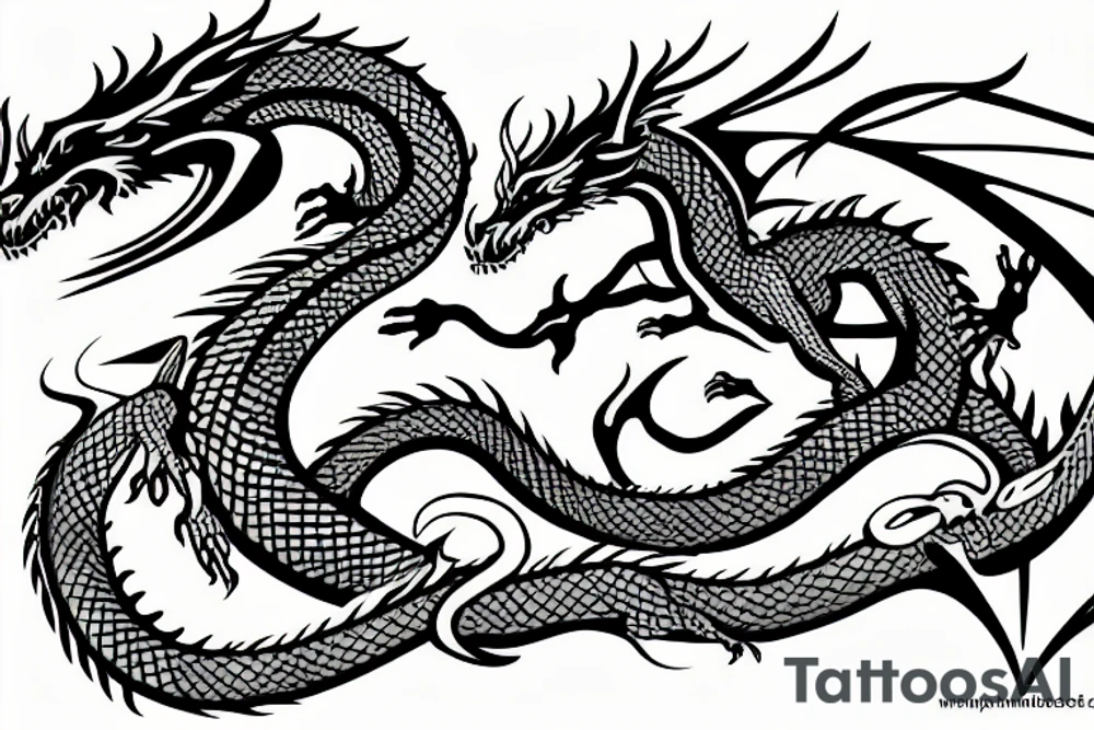 Dragon with cyber tribal lines tattoo idea