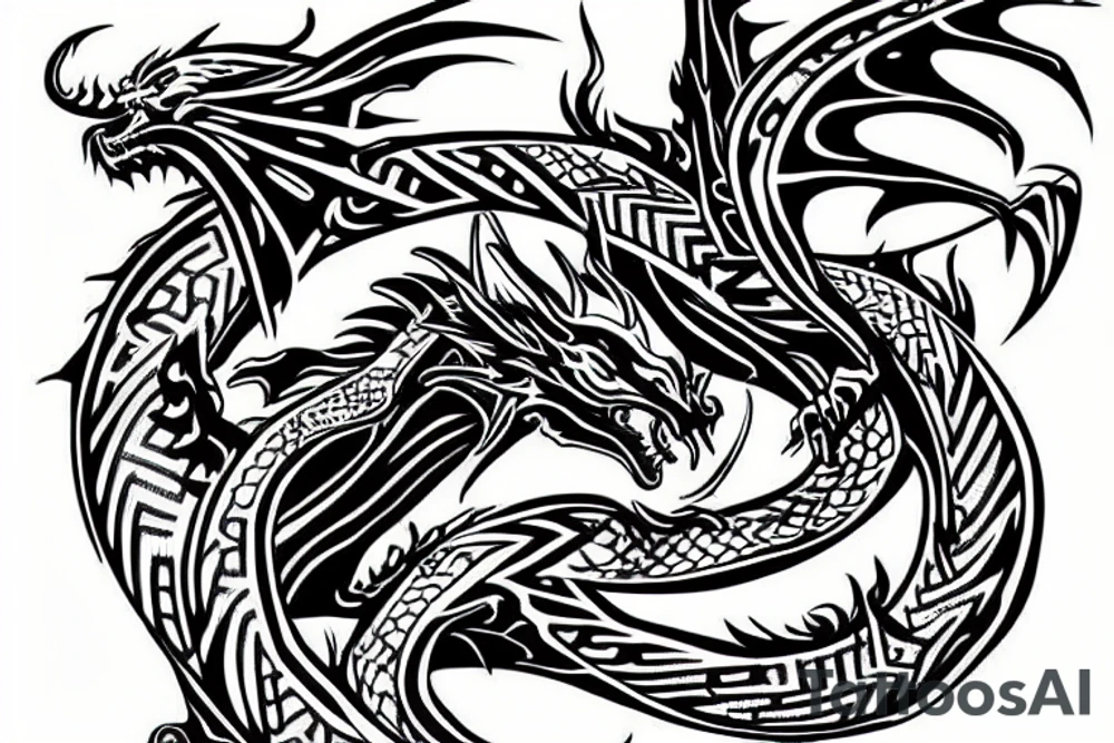 Dragon with cyber tribal lines tattoo idea