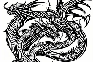 Dragon with cyber tribal lines tattoo idea