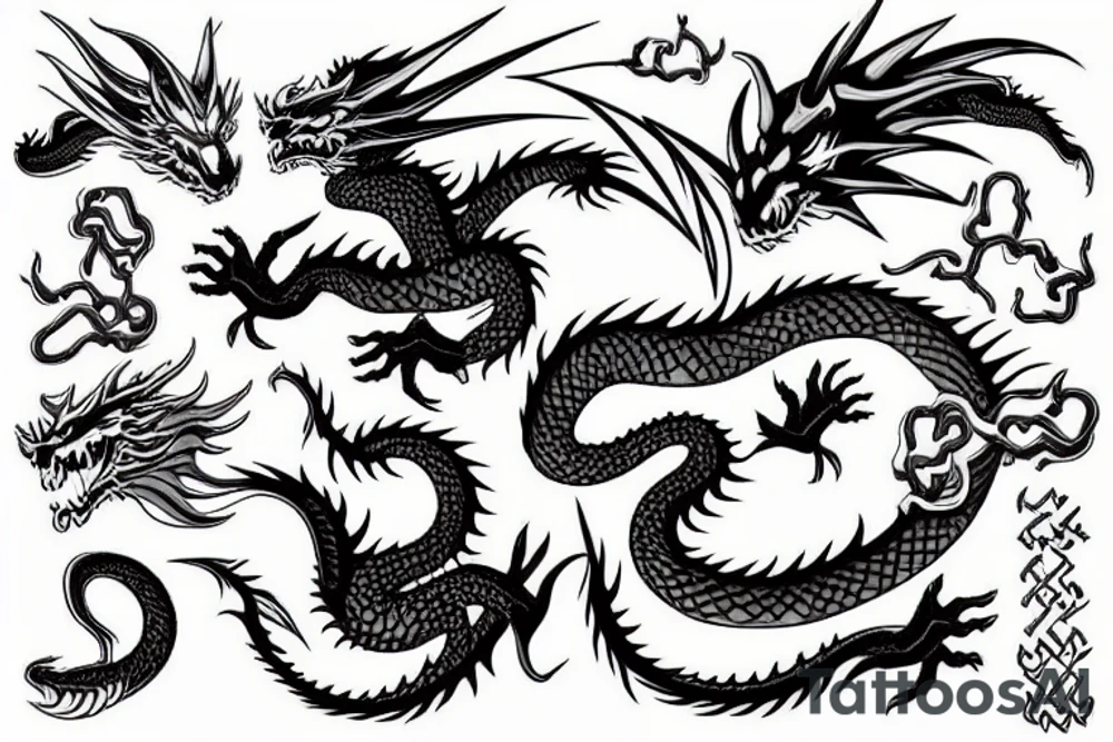 Dragon with cyber tribal lines tattoo idea