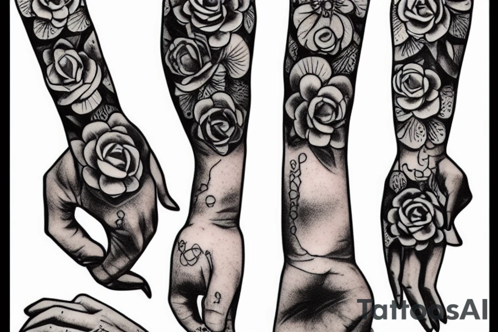 Black hand, flowers, рукав tattoo idea