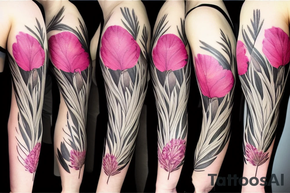 Lily and peonies sleeve with wild grasses like a prairie scene tattoo idea