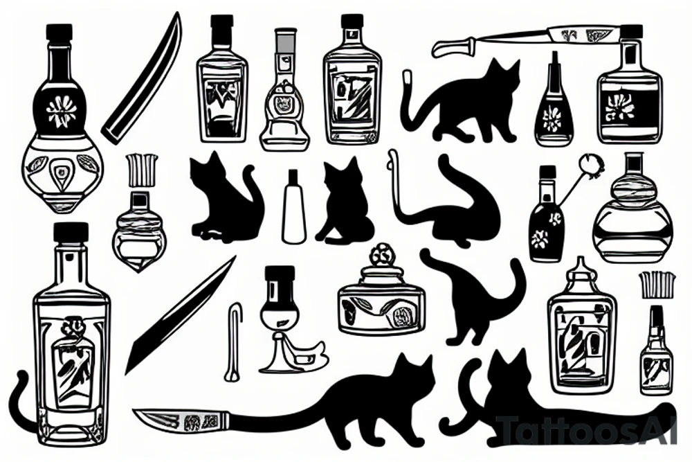 Vodka and cat with knife tattoo idea