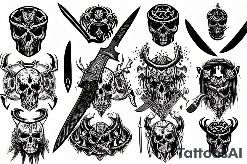 Demonic knife with skulls and norse mythology tattoo idea