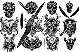 Demonic knife with skulls and norse mythology tattoo idea