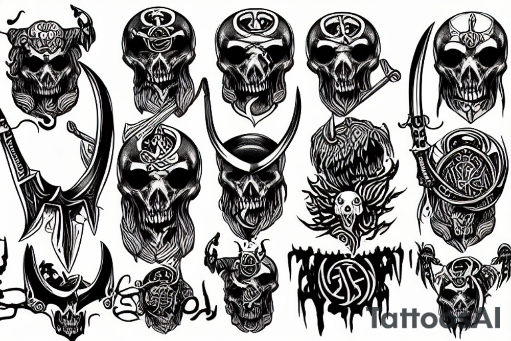 Demonic knife with skulls and norse mythology tattoo idea