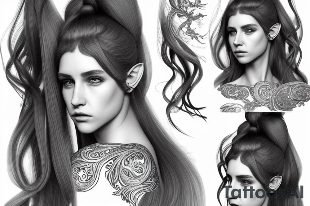 Portrait of a noble's half elf girl with long white ponytail hair, intricate, elegant, highly detailed, digital painting, ArtStation, concept art, smooth, sharp focus, illustration, symmetry tattoo idea