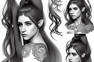 Portrait of a noble's half elf girl with long white ponytail hair, intricate, elegant, highly detailed, digital painting, ArtStation, concept art, smooth, sharp focus, illustration, symmetry tattoo idea