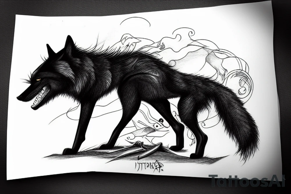 Black wolf in strange pose hunting on white rabbit tattoo idea