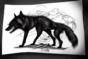 Black wolf in strange pose hunting on white rabbit tattoo idea