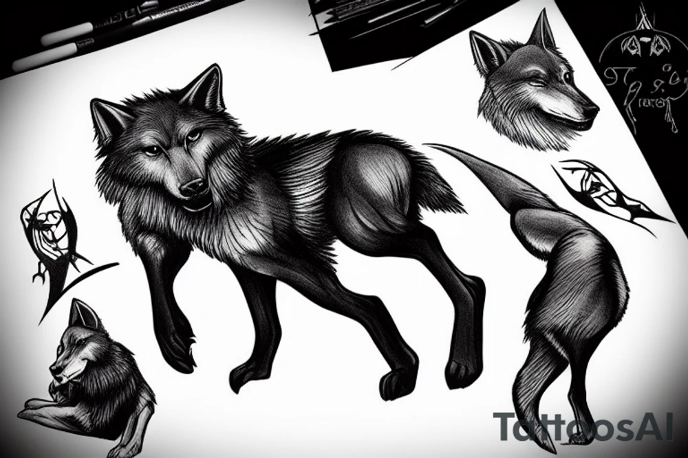 Black wolf in strange pose hunting on white rabbit tattoo idea