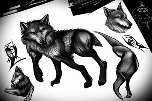 Black wolf in strange pose hunting on white rabbit tattoo idea