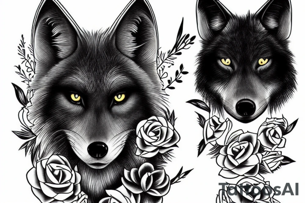 Black wolf in strange pose with white rabbit tattoo idea
