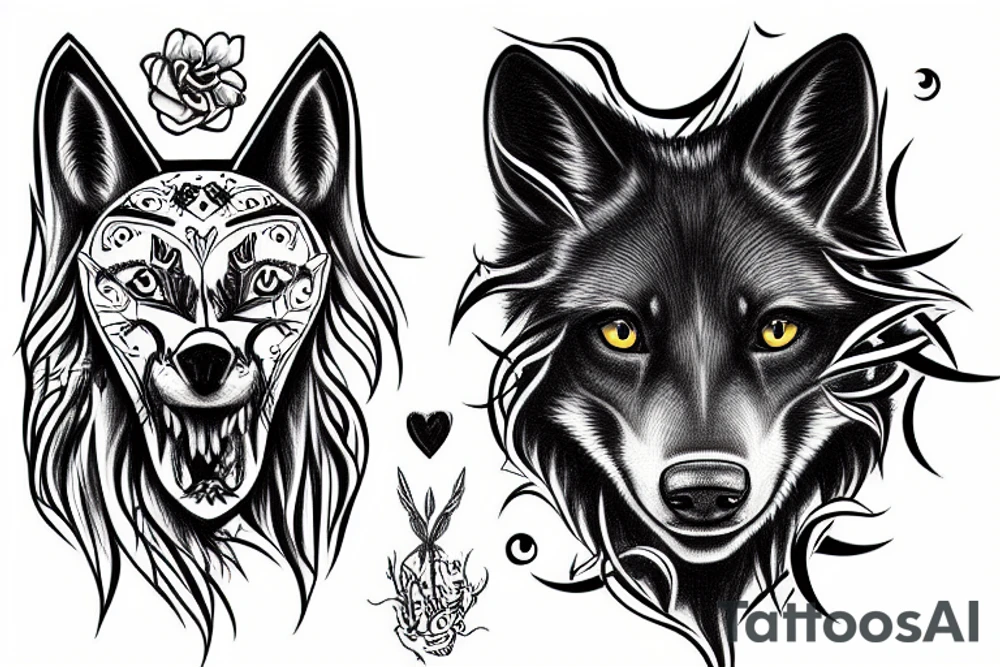 Black wolf in strange pose with white rabbit tattoo idea