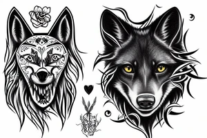 Black wolf in strange pose with white rabbit tattoo idea
